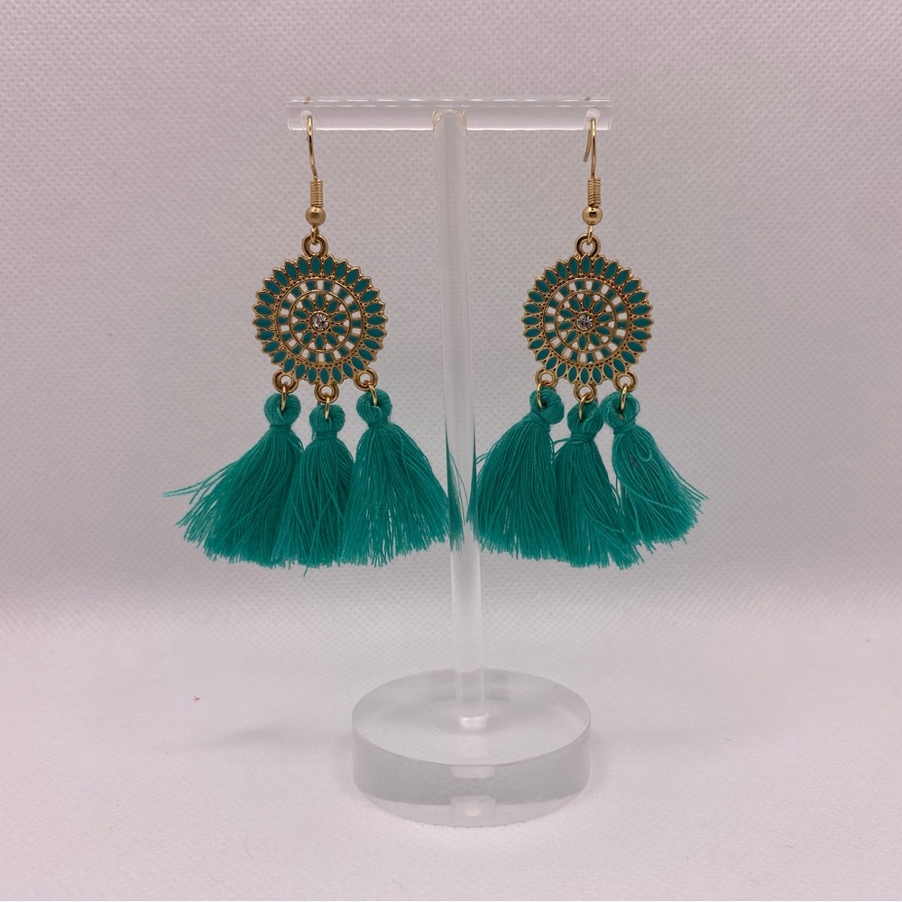 Teal Fringe Mandala Earrings
